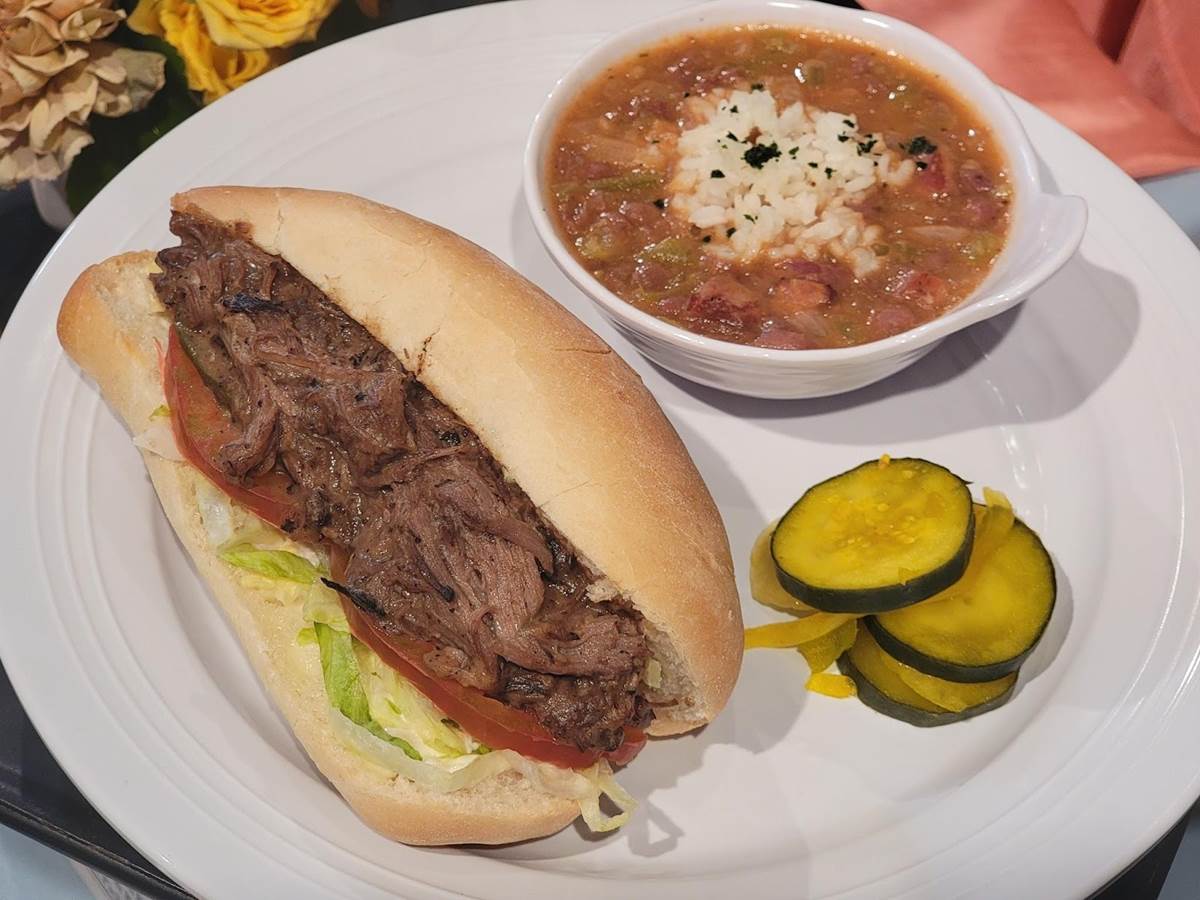 Beef Po-Boy with Red Beans & Rice and House Pickles