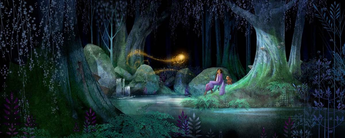 Visual development art of Asha, Valentino, and Star in the hamlet of the kingdom of Rosas from Walt Disney Animation Studios' "Wish" by production designer Lisa Keene, associate production designer Griselda Sastrawinata-Lemay, and various other artsits. (Disney)