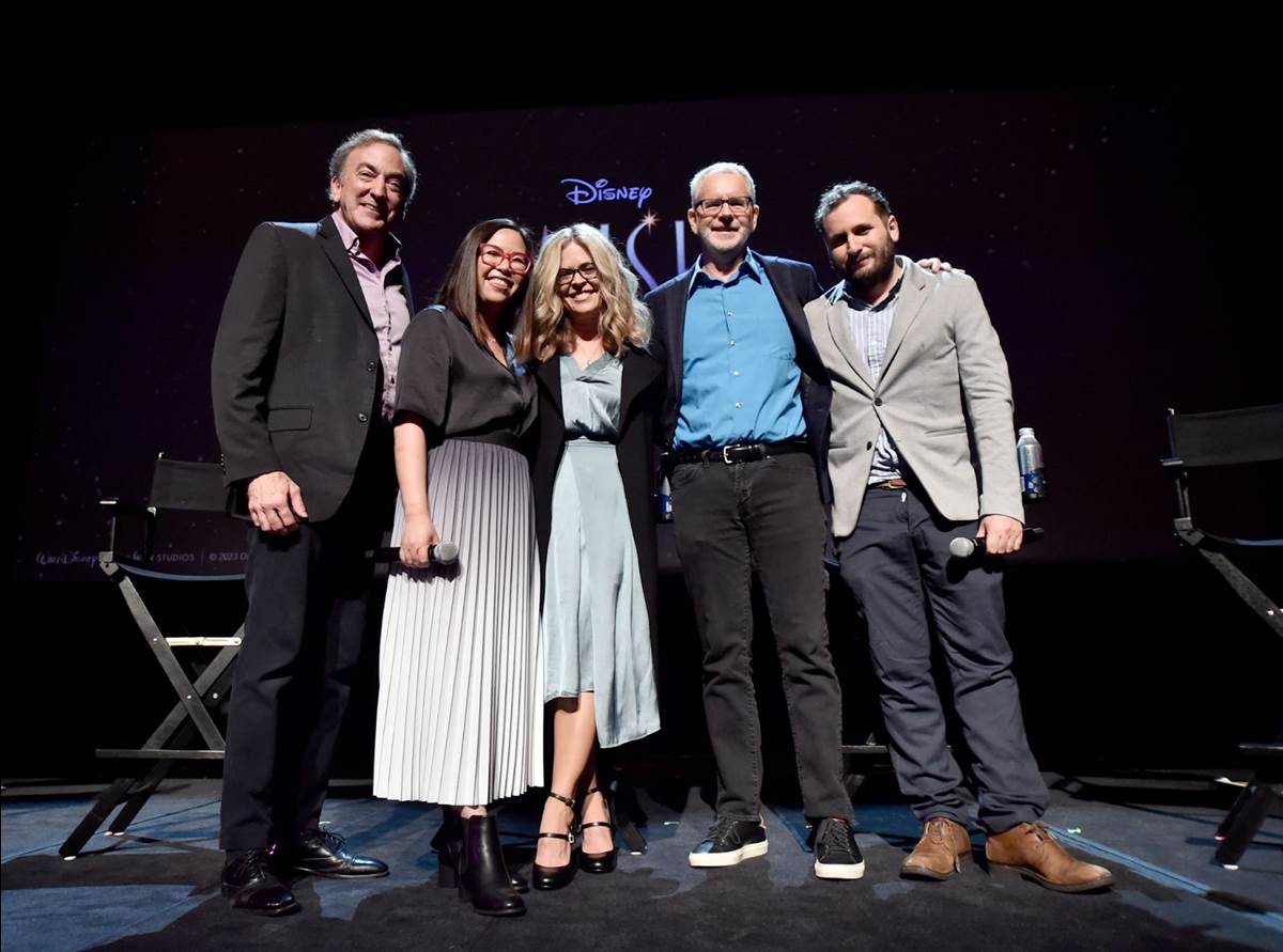Peter Del Vecho, SVP, Feature Film Production, Walt Disney Animation Studios, Fawn Veerasunthorn, Jennifer Lee, CCO, Disney Animation Studios, Chris Buck and Juan Pablo Reyes Lancaster-Jones at the Long Lead Press Day & In-Person Presentation for WISH at El Capitan Theatre in Los Angeles, California on September 21, 2023. (Photo by Alberto E. Rodriguez/Getty Images for Disney)