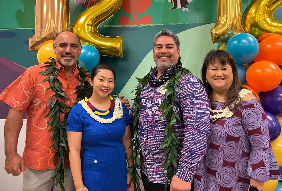 (L-R) Elliot Mills, Vice President, Hotel Operations, Disneyland Resort & Aulani Resort; Dylan Rogers; Kanoa Kawai, 2022-2023 Aulani Ambassador; and Kimberly Agas, Aulani Resort General Manager.