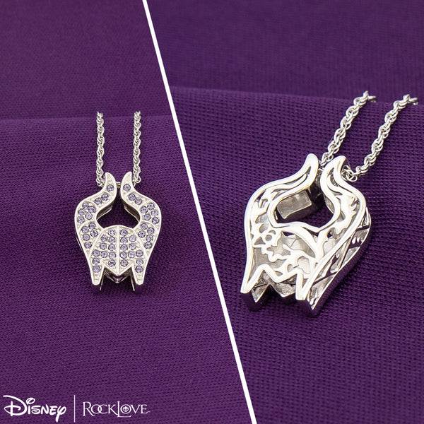 Front and back view of RockLove's Maleficent necklace