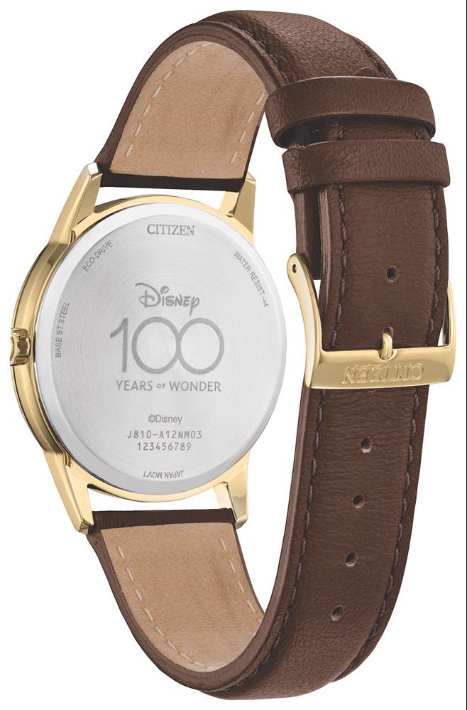 Brown croc-textured leather strap and Disney100 logo on back of the watch