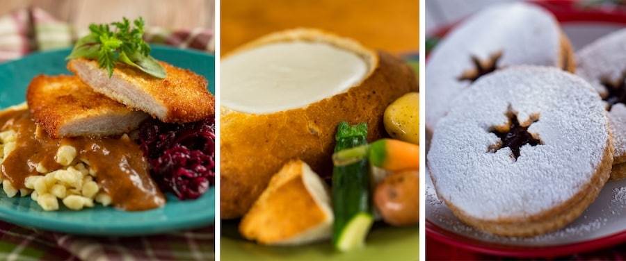 Pork Schnitzel, Cheese Fondue and Linzer Cookie from the Bavaria Holiday Kitchen at EPCOT Festival of the Holidays 2023