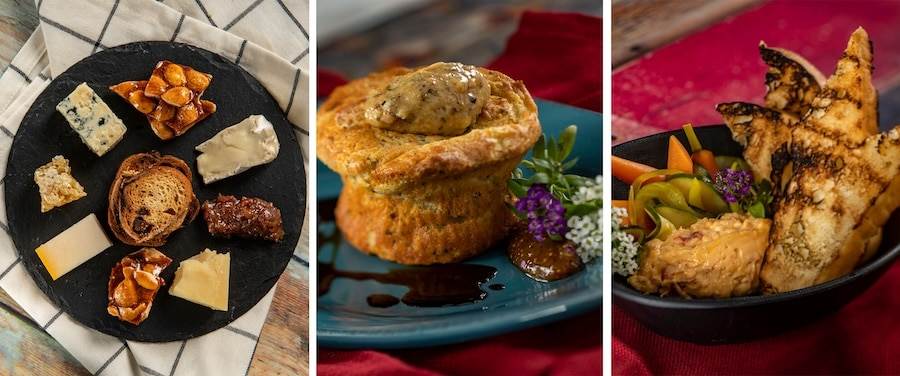Assorted Artisanal Cheeses and Accompaniments, Boursin Fig & Balsamic Soufflé and Southern Pimento Cheese with bread-and-butter pickled vegetables and grilled bread from Wine & Wedge at EPCOT Festival of the Holidays 2023
