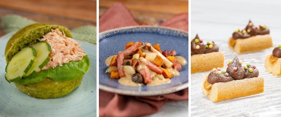 Crème de Saumon Fumé en Brioche à l’Aneth, Concombre, Rôti de Jambon Sauce Moutarde à l’Ancienne, Patate Douce Rôties, and Bûche de Noël au Pain D’Épices, Ganache Chocolat au Lait et Noisettes from Le Marché de Noël Holiday Kitchen at EPCOT Festival of the Holidays 2023