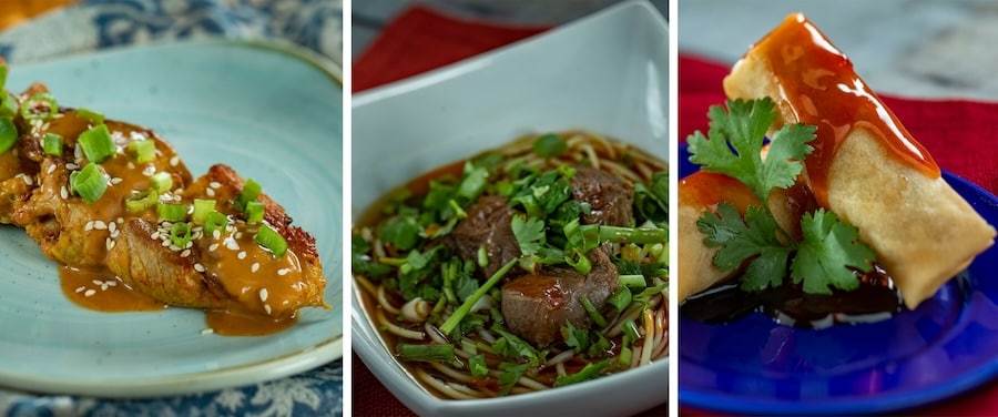 Chicken Skewer with creamy peanut sauce, Beef and Noodle Soup Bowl with slow-braised beef shank, green onion, and house-made chili oil, and Vegetable Spring Rolls with citrus sauce from the Shanghai Holiday Kitchen at EPCOT Festival of the Holidays 2023