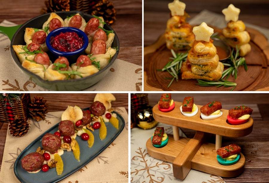 Collage of Jock's Famous Pigs in the Blanket, O' Ham N' Cheese Trees, Cranberry Barbeque Meatballs and Naughty or Nice Deviled Eggs