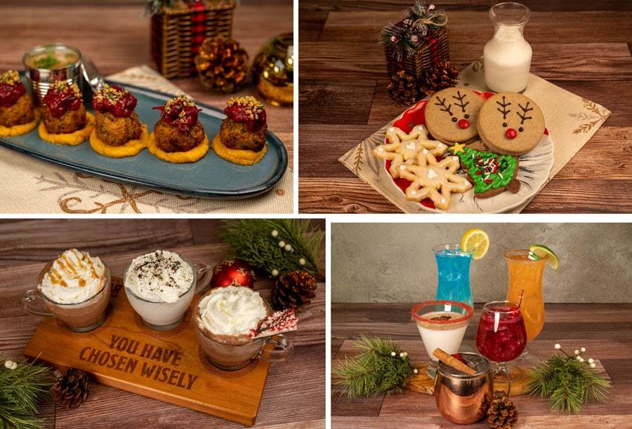 Collage of Here We Come A-Croquetting, Post-flight "Milk" and Cookies with Coquito, Hot Chocolate Grail Flight and Eternal Snowfall