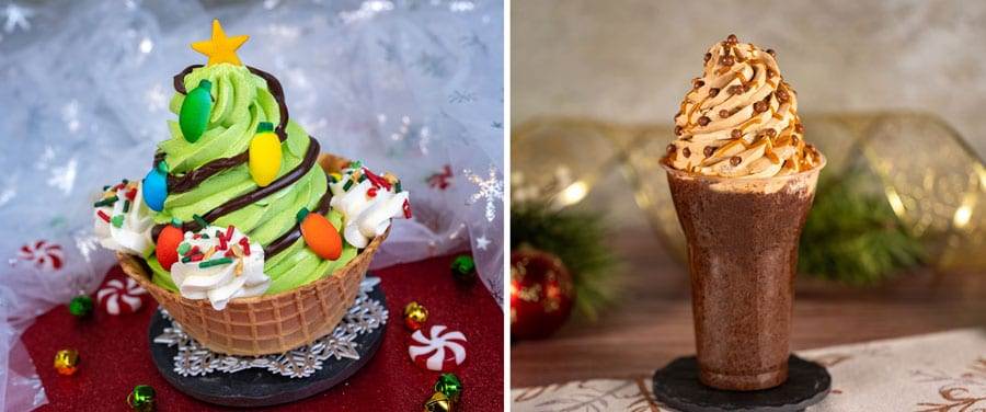 Collage of Christmas Tree Sundae, Frozen Hot Chocolate Float with Salted Caramel