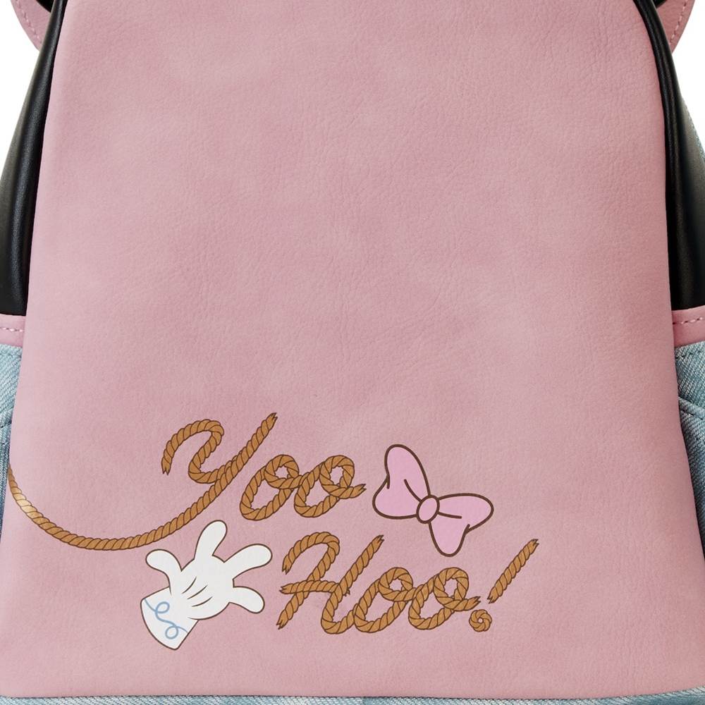 Minnie's "Yoo hoo!" is written in rope;  glove and pink bow icons complete the scene