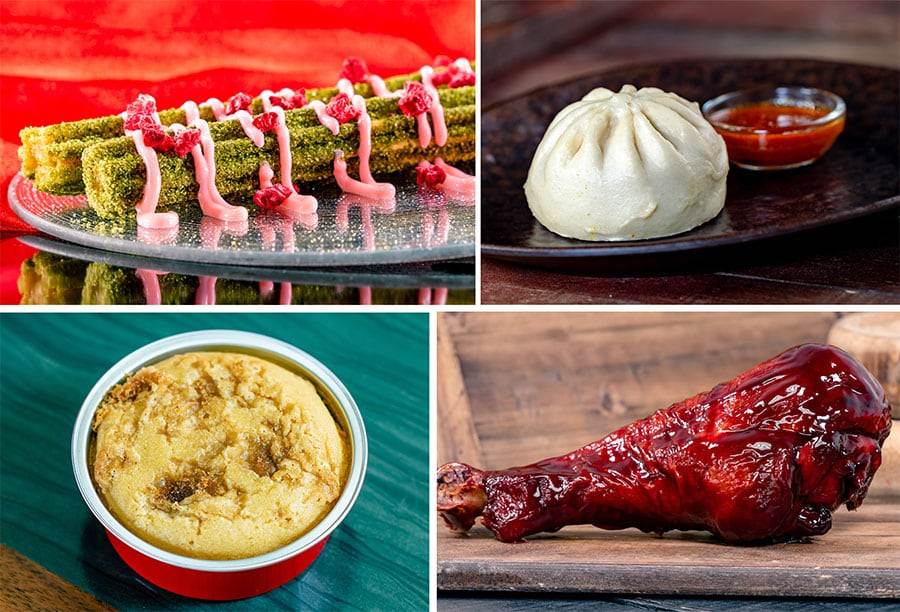 Strawberry Green Tea Churro from Terran Treats; Chicken Bao, Baked Brown Sugar Nian Gao and Char Siu Turkey Leg from Select Outdoor Vending Carts for Lunar New Year 2024