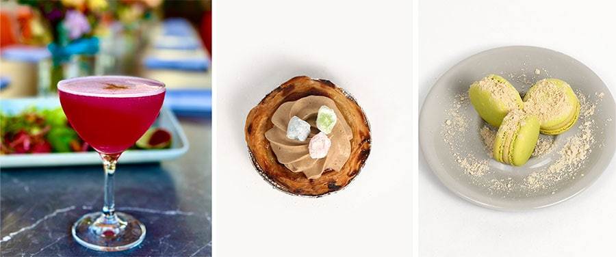 Lucky Dragon cocktail from Jazz Kitchen Coastal Grill & Patio; Milk Tea Mochi Egg Tart and Korean Injeolmi Macarons from Kayla’s Cake for Lunar New Year 2024