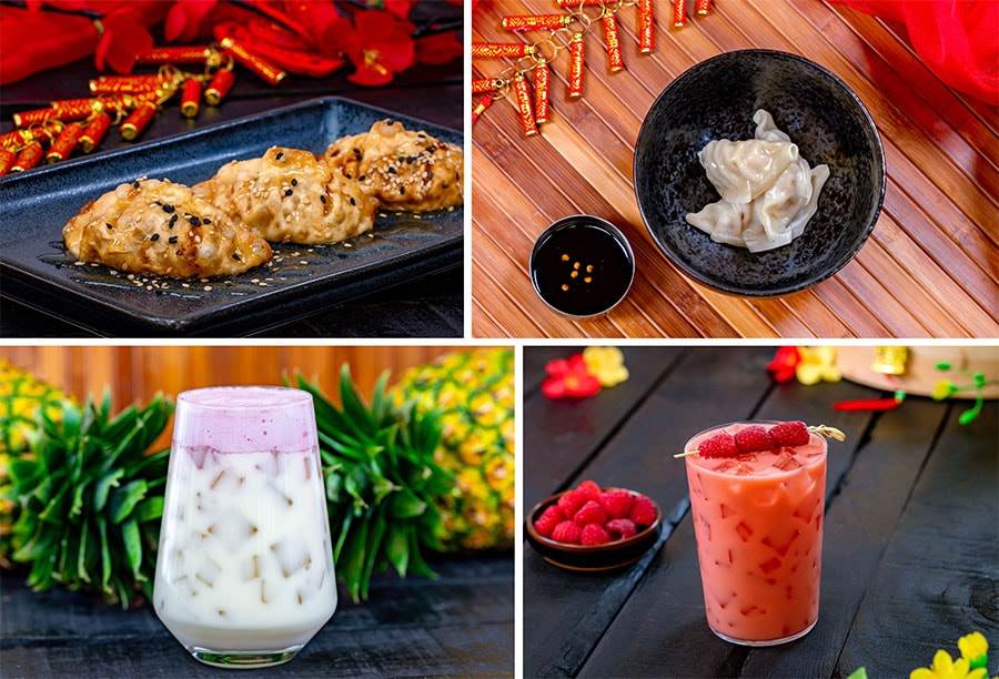 Fried Lemongrass Chicken Dumplings, Steamed Pork & Vegetable Dumplings, Yuja-Pineapple Cooler and Raspberry Oat Milk Tea from Wrapped with Love for Lunar New Year 2024