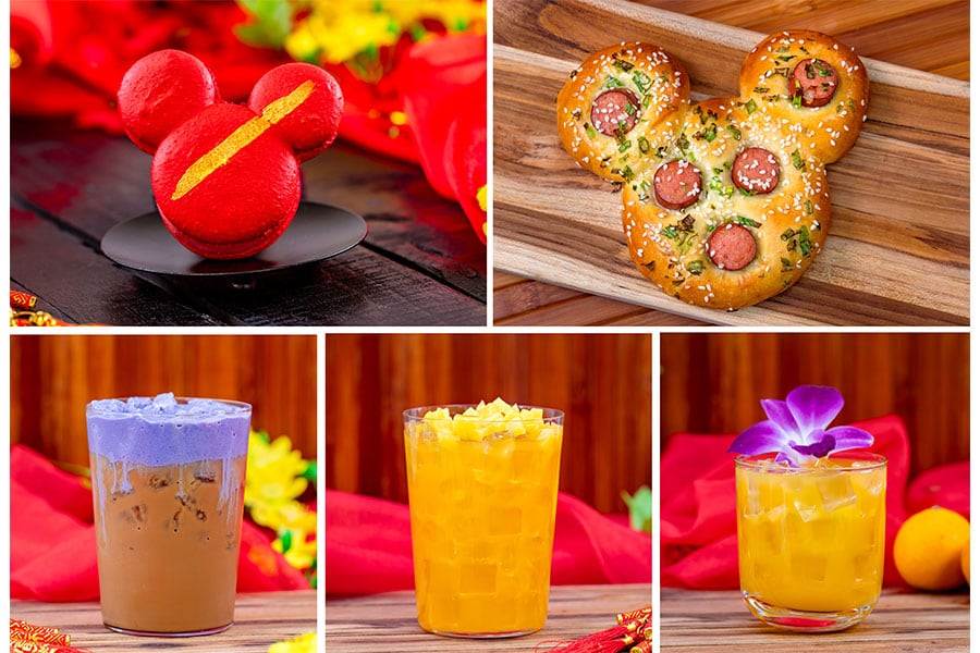 Strawberry Milk Tea Macaron, Mickey-shaped Hot Dog Bun, Taro Vietnamese-style Iced Coffee, Lunar New Year Punch and Lunar Punch Cocktail