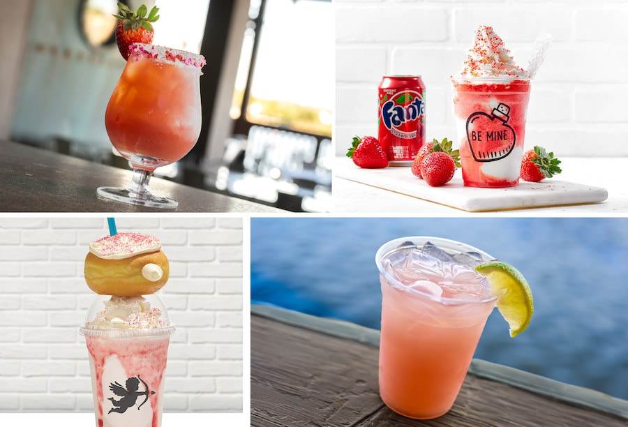 Valentine's Day 2024 Treats at Disney Springs, collage of gelato, shake, and drinks