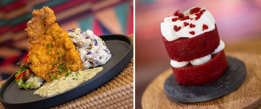 collage of  Country Fried Pork Steak with Herbed Gravy and Mini Red Velvet Cake