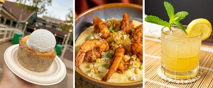 Collage of Peach Cobbler Mini Cake, Shrimp and Grits and The Ginger Whiskey