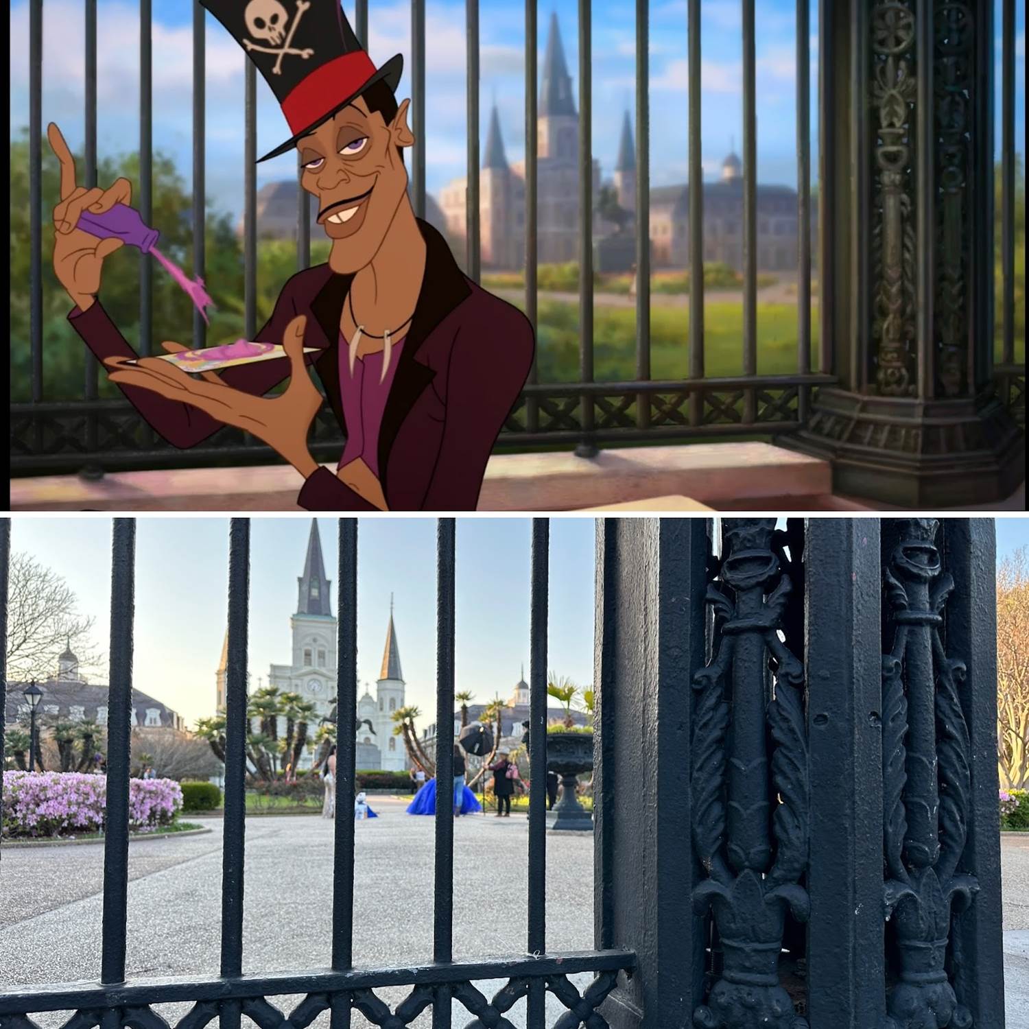 Decatur Street fence at Jackson Square (St. Louis Cathedral in background): Where Dr. Facilier reads fortunes on the street in the film.
