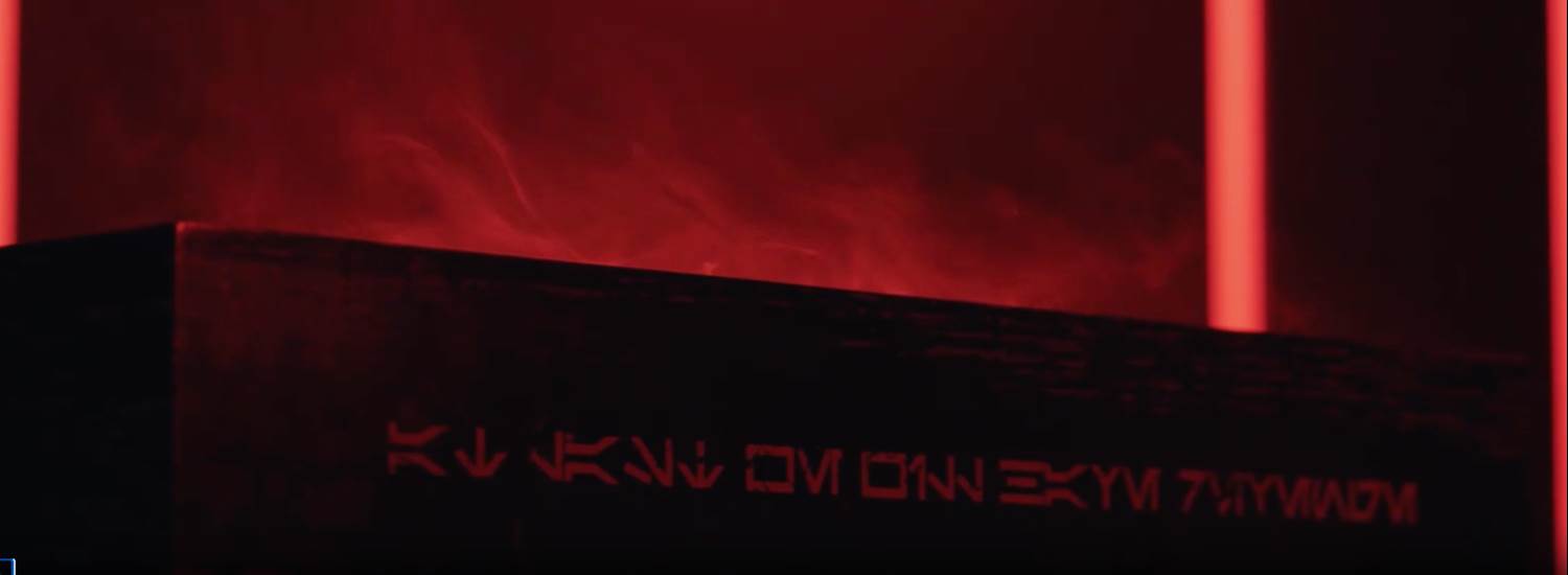 One of Maul's few lines: At Last We Will Have Revenge is written in Aurebesh on the box.