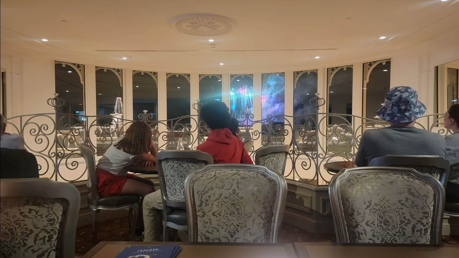 Our view of the nighttime show from the Castle Club Lounge.