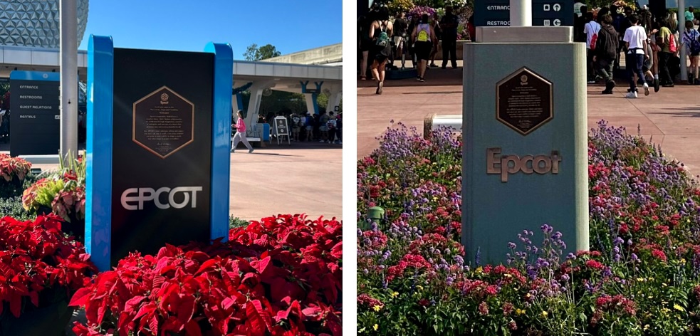 The updated version of the EPCOT dedication plaque (left) and how it used to appear (right)