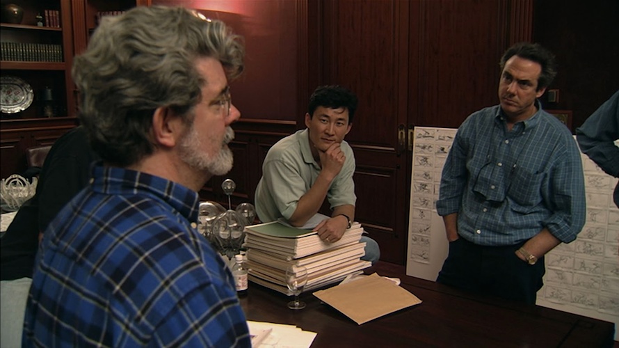 Doug Chiang (center) meets with Star Wars creator George Lucas and prequel trilogy producer Rick McCallum at Skywalker Ranch