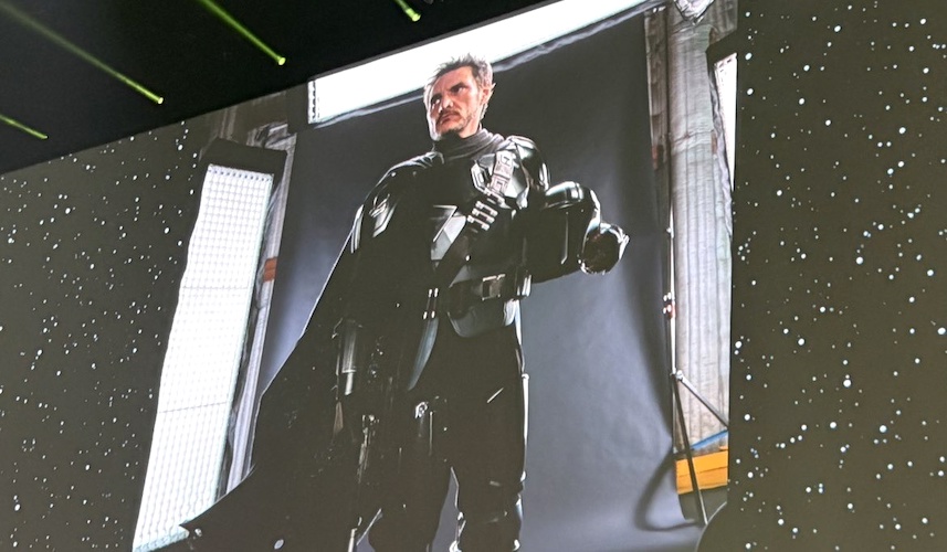An image of Pedro Pascal on the set of 'The Mandalorian & Grogu' shown at Star Wars Celebration Japan