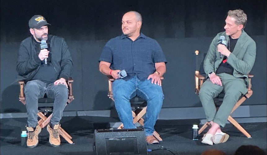 (L-R) Dan Trachtenberg, Micho Robert Rutare and Josh Wassung discuss 'Predator: Killer of Killers' at the Egyptian Theater
